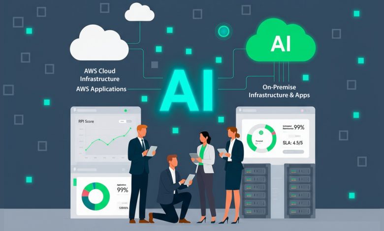 AI unifying AWS cloud and on-prem apps, with engineers reviewing reliability and SLA dashboards beside server racks.